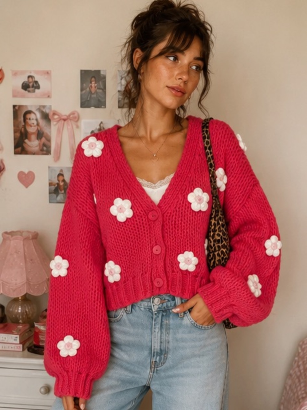 Luna Ivy Chunky Knit Flower Appliqué Cardigan Sweater Red Pink M Cottagecore